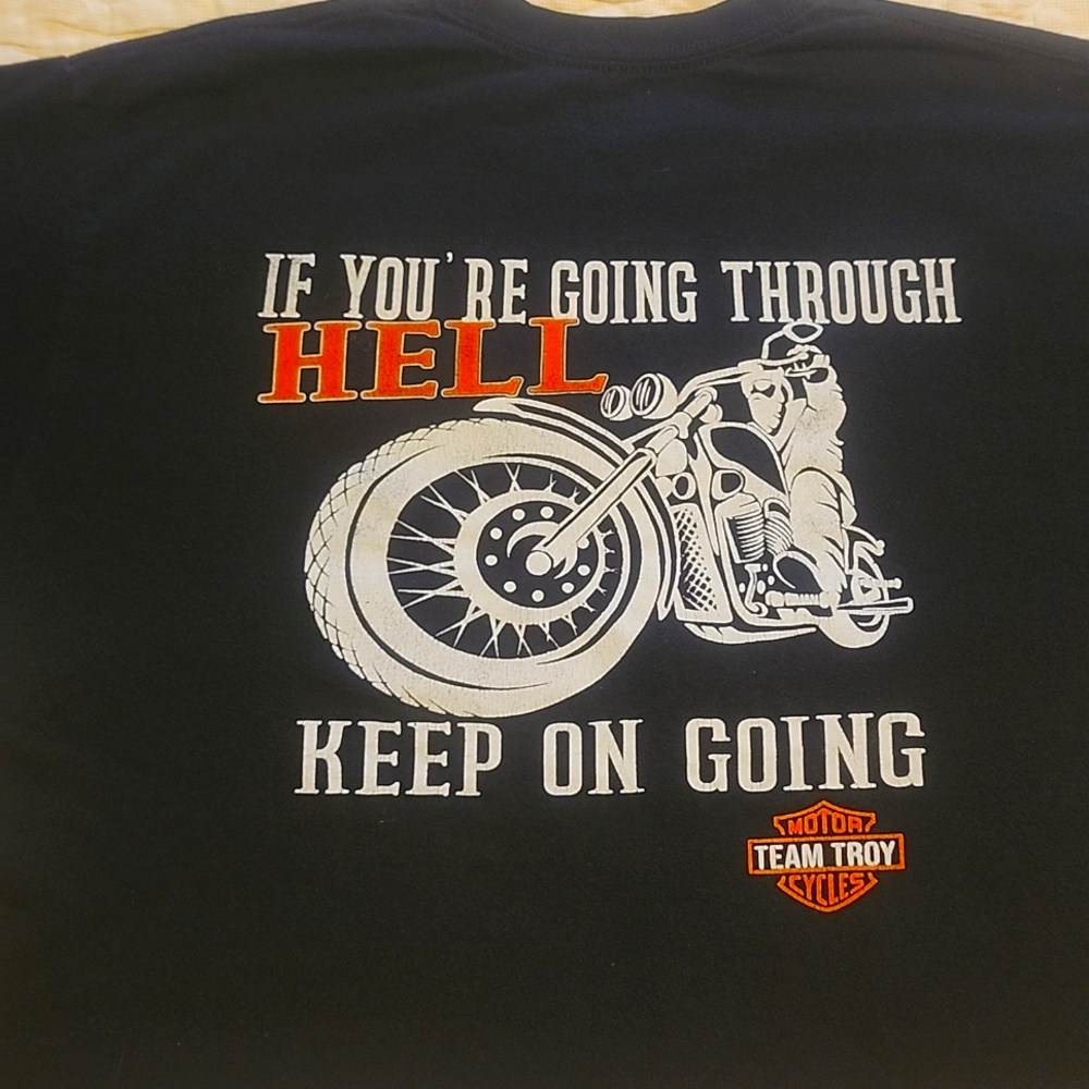 Team Troy Motor Cycles Gildan Black T-Shirt with Orange Team Troy Logo. Size L